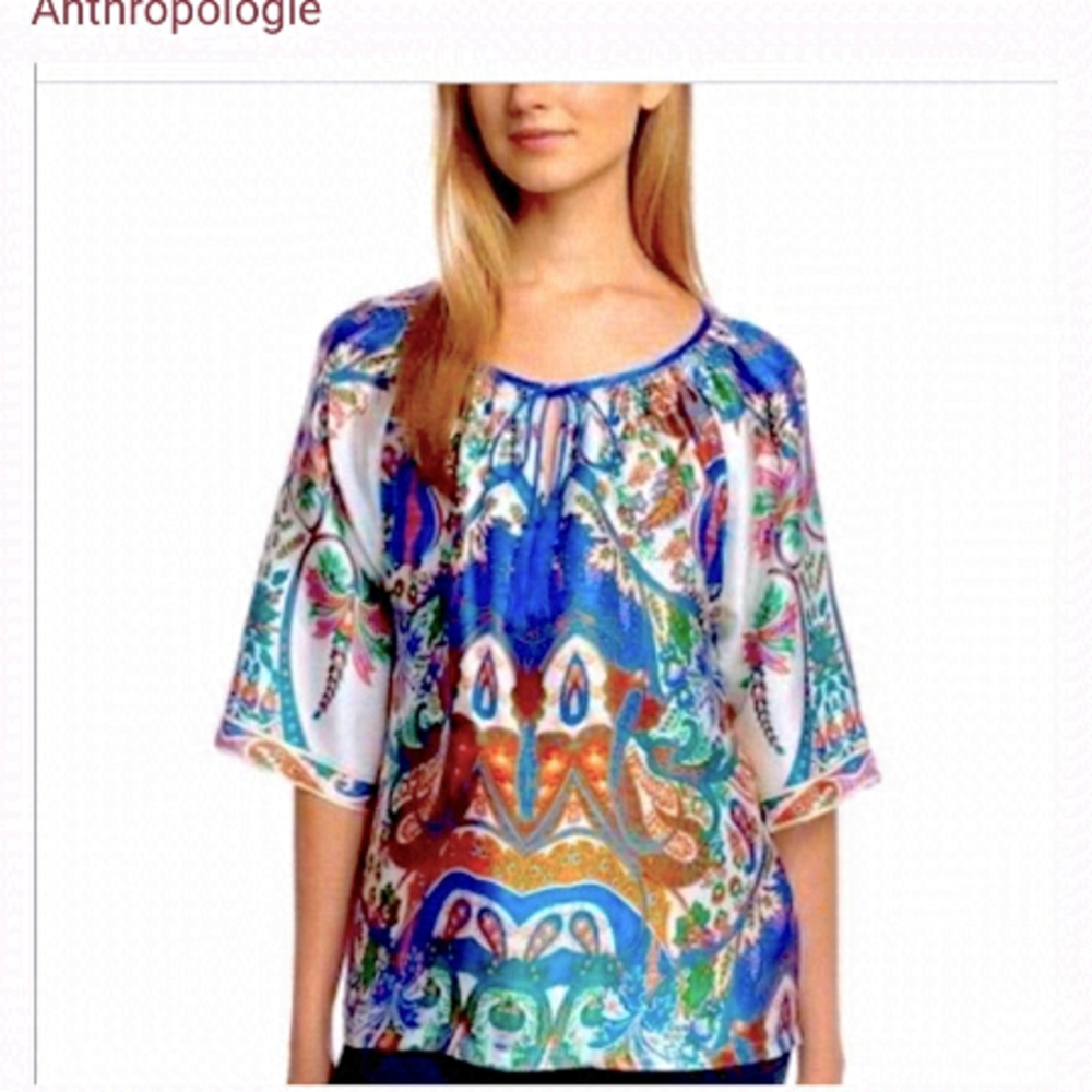 ANTHROPOLOGIE Kas New York silk  Top Size XXS Ivory Floral 3/4 sleeve blouse